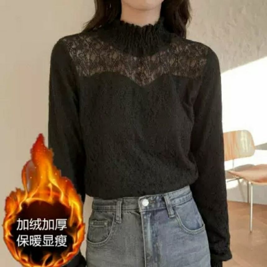 Lace Mock Long-Sleeve Plain Neck Top