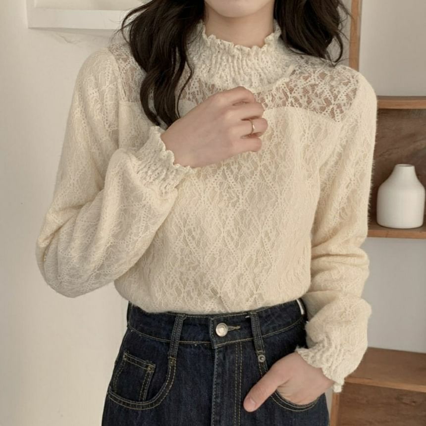 Lace Mock Long-Sleeve Plain Neck Top