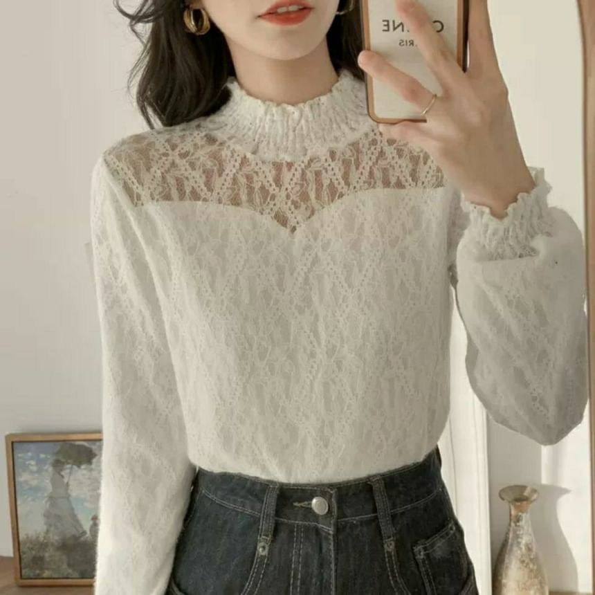 Lace Mock Long-Sleeve Plain Neck Top
