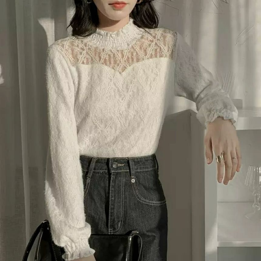 Lace Mock Long-Sleeve Plain Neck Top