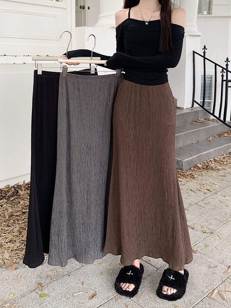 Plain Elastic Midi Waist Skirt A-Line