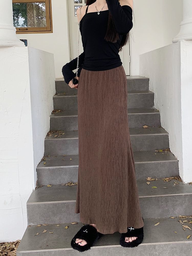 Plain Elastic Midi Waist Skirt A-Line