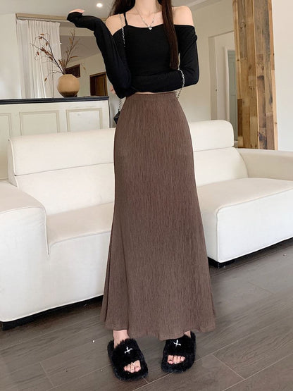 Plain Elastic Midi Waist Skirt A-Line