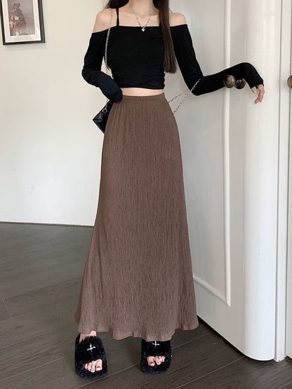 Plain Elastic Midi Waist Skirt A-Line