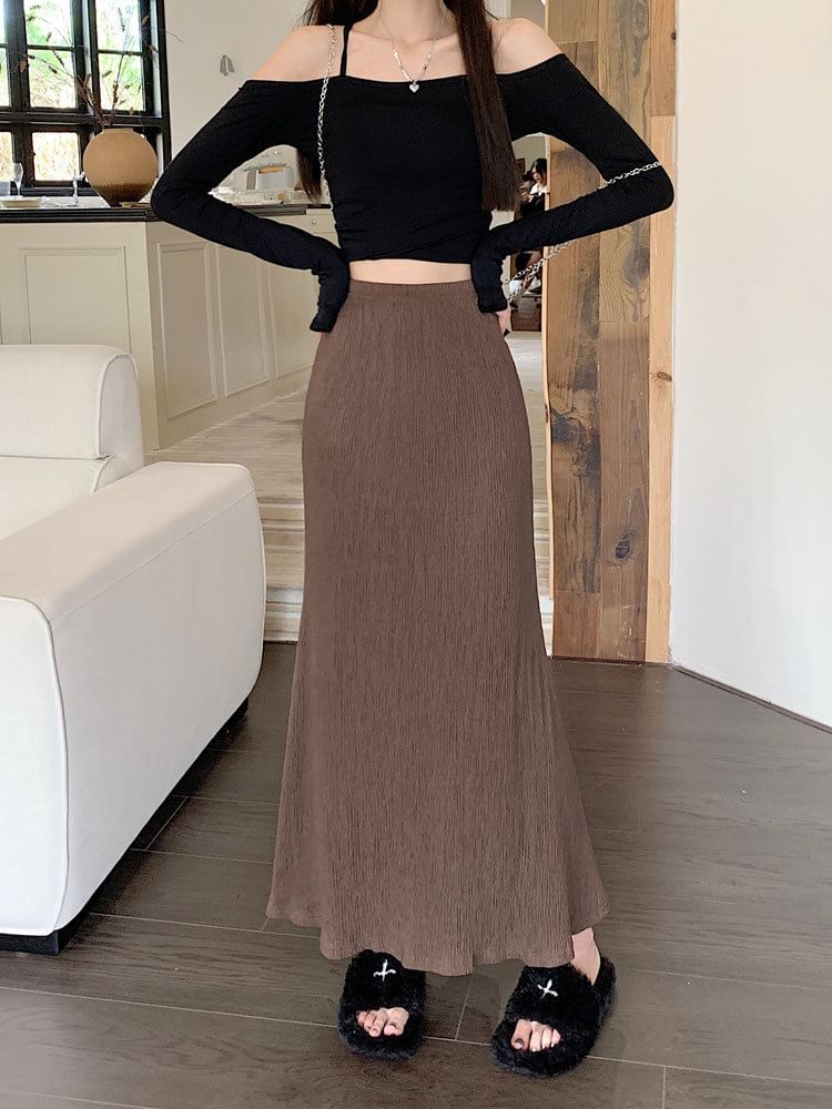 Plain Elastic Midi Waist Skirt A-Line