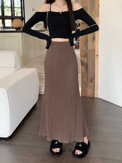 Plain Elastic Midi Waist Skirt A-Line