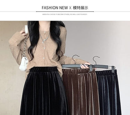 Skirt Waist Midi Velvet Elastic Plain A-Line