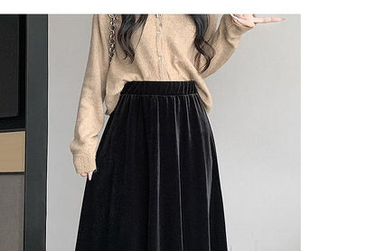 Skirt Waist Midi Velvet Elastic Plain A-Line