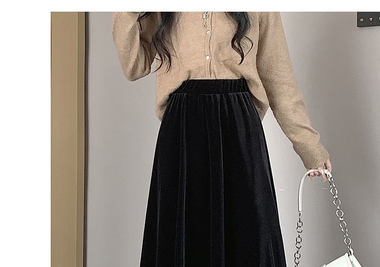 Skirt Waist Midi Velvet Elastic Plain A-Line