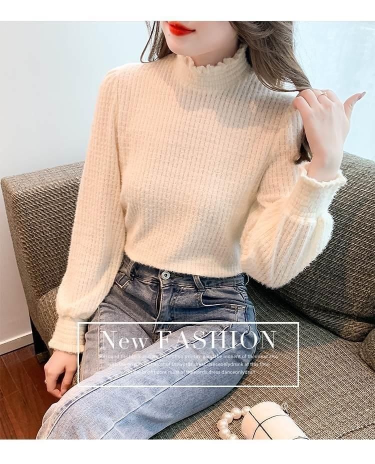 Mock Neck Long-Sleeve Plain Top Lace