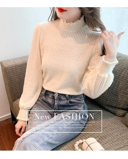 Mock Neck Long-Sleeve Plain Top Lace