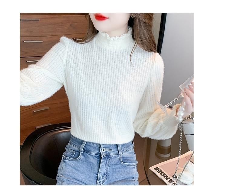 Mock Neck Long-Sleeve Plain Top Lace