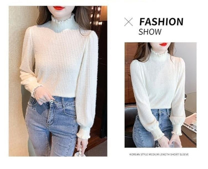 Mock Neck Long-Sleeve Plain Top Lace