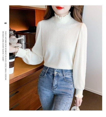 Mock Neck Long-Sleeve Plain Top Lace