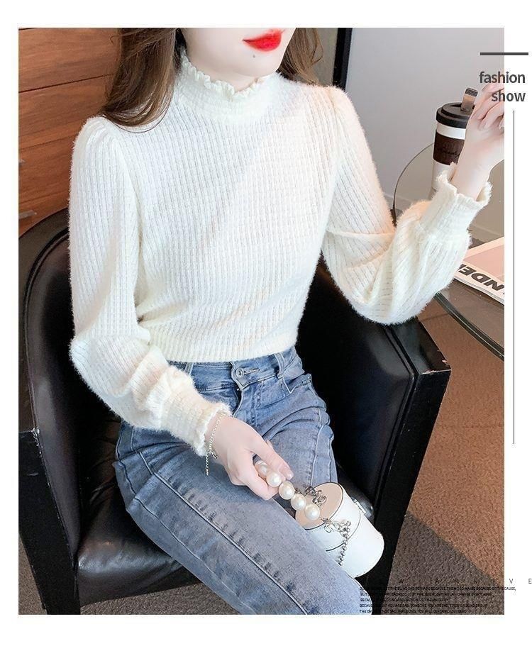 Mock Neck Long-Sleeve Plain Top Lace