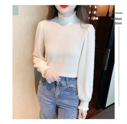 Mock Neck Long-Sleeve Plain Top Lace
