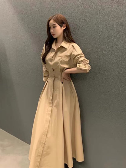 Long-Sleeve Collared A-Line Maxi Dress