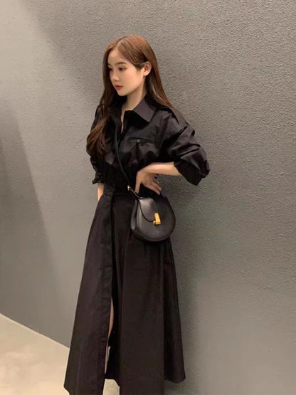 Long-Sleeve Collared A-Line Maxi Dress
