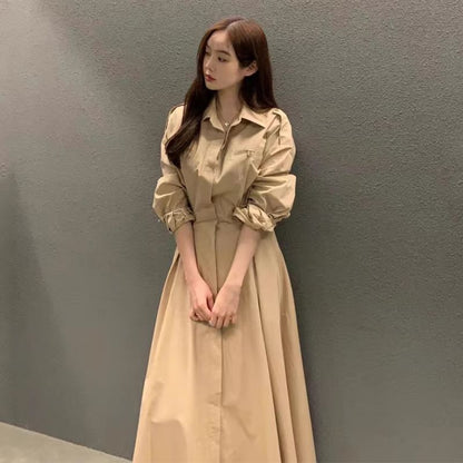 Long-Sleeve Collared A-Line Maxi Dress