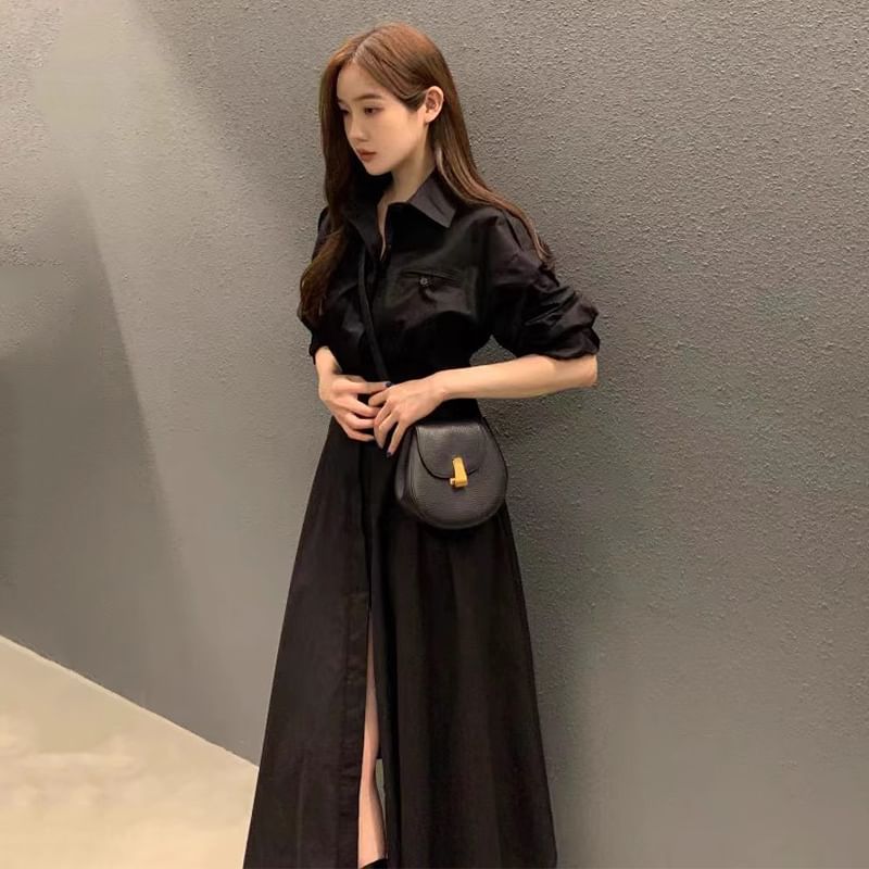 Long-Sleeve Collared A-Line Maxi Dress