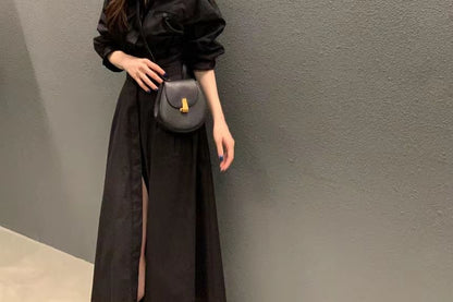 Long-Sleeve Collared A-Line Maxi Dress