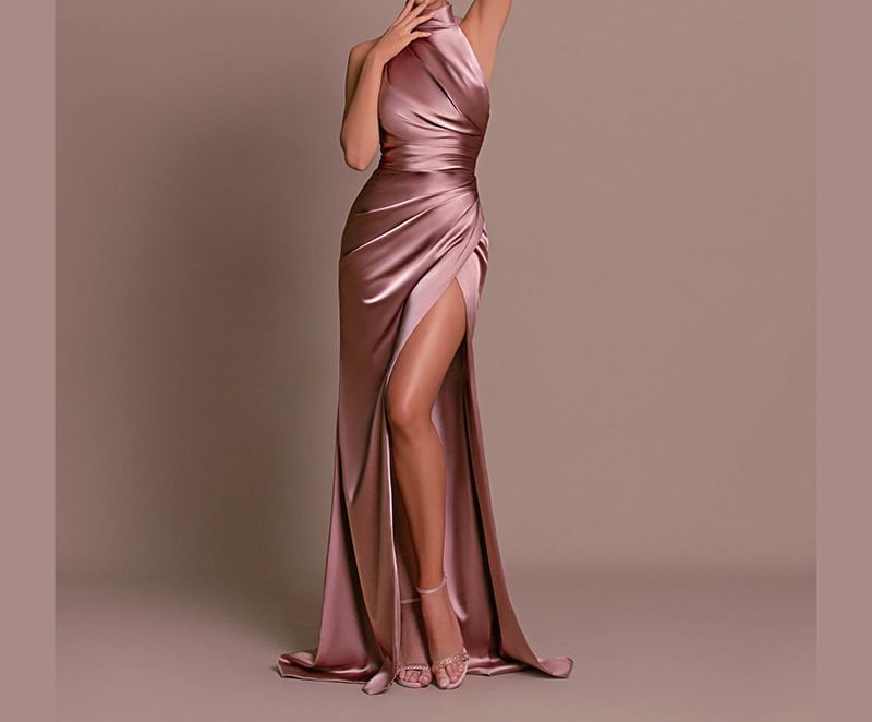 Halter Neck Plain Ruched Trained Open Back Slit Satin Mermaid Evening Gown