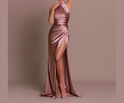 Halter Neck Plain Ruched Trained Open Back Slit Satin Mermaid Evening Gown