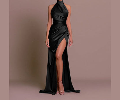 Halter Neck Plain Ruched Trained Open Back Slit Satin Mermaid Evening Gown