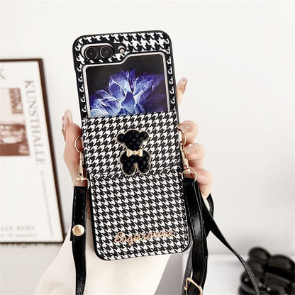 Phone Houndstooth Pearl Lanyard Case Faux Cat