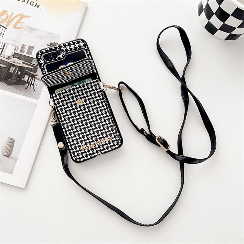 Phone Houndstooth Pearl Lanyard Case Faux Cat