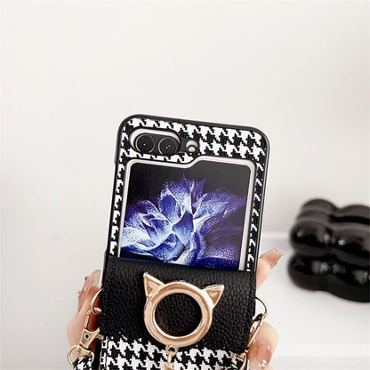 Phone Houndstooth Pearl Lanyard Case Faux Cat