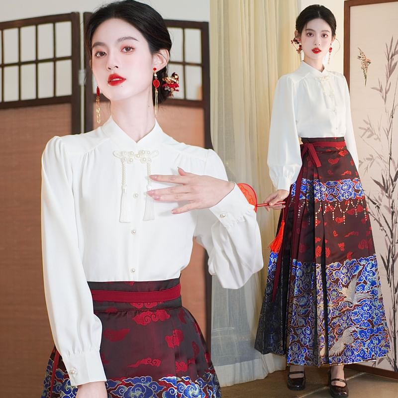 Band Collar Plain Blouse / Mid Rise Hanfu Patterned Maxi A-Line Skirt