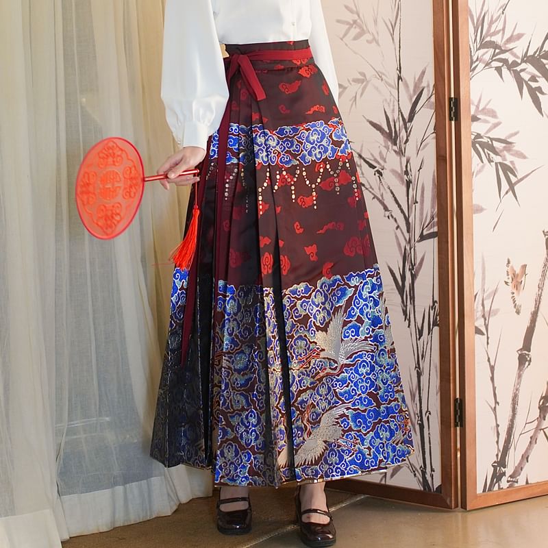 Band Collar Plain Blouse / Mid Rise Hanfu Patterned Maxi A-Line Skirt