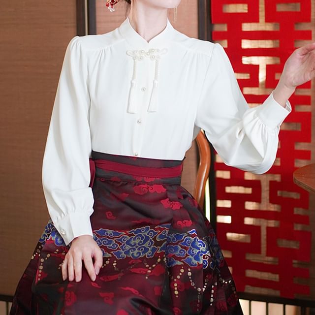 Band Collar Plain Blouse / Mid Rise Hanfu Patterned Maxi A-Line Skirt