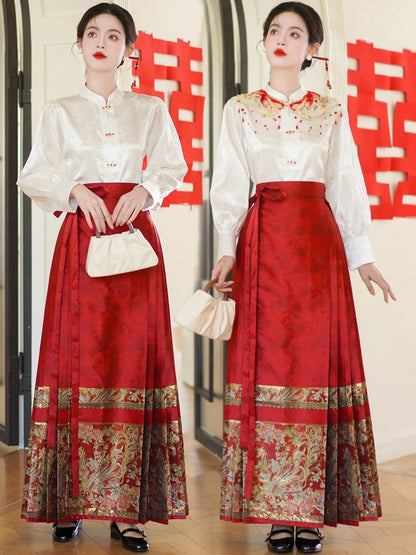 Band Collar Plain Blouse / Scarf / Mid Rise Hanfu Patterned Maxi A-Line Skirt