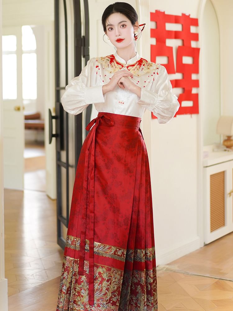 Band Collar Plain Blouse / Scarf / Mid Rise Hanfu Patterned Maxi A-Line Skirt