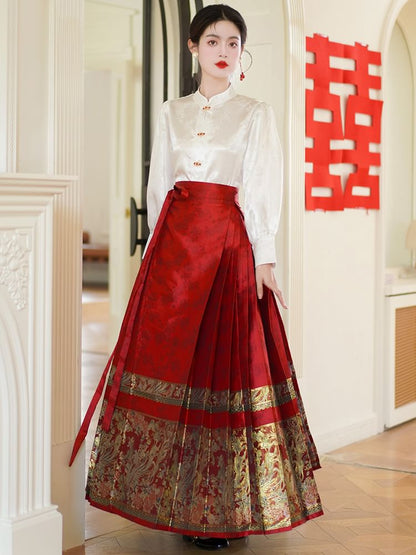 Band Collar Plain Blouse / Scarf / Mid Rise Hanfu Patterned Maxi A-Line Skirt