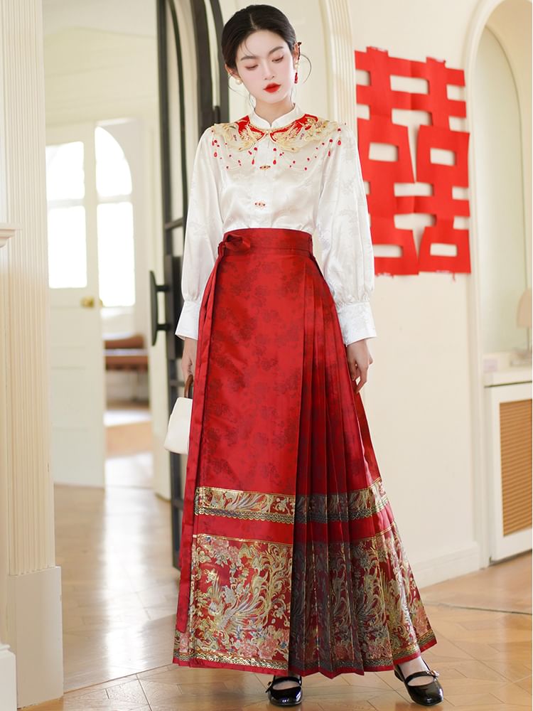 Band Collar Plain Blouse / Scarf / Mid Rise Hanfu Patterned Maxi A-Line Skirt