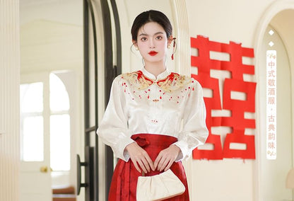 Band Collar Plain Blouse / Scarf / Mid Rise Hanfu Patterned Maxi A-Line Skirt