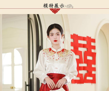 Band Collar Plain Blouse / Scarf / Mid Rise Hanfu Patterned Maxi A-Line Skirt