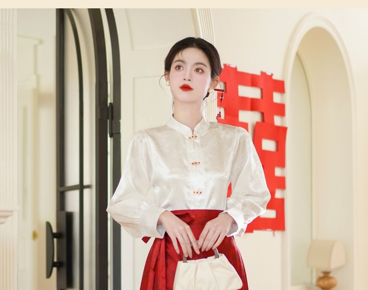 Band Collar Plain Blouse / Scarf / Mid Rise Hanfu Patterned Maxi A-Line Skirt