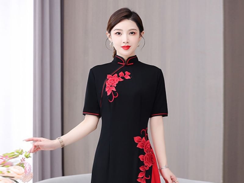 Short-Sleeve Flower Two Tone Maxi A-Line Qipao