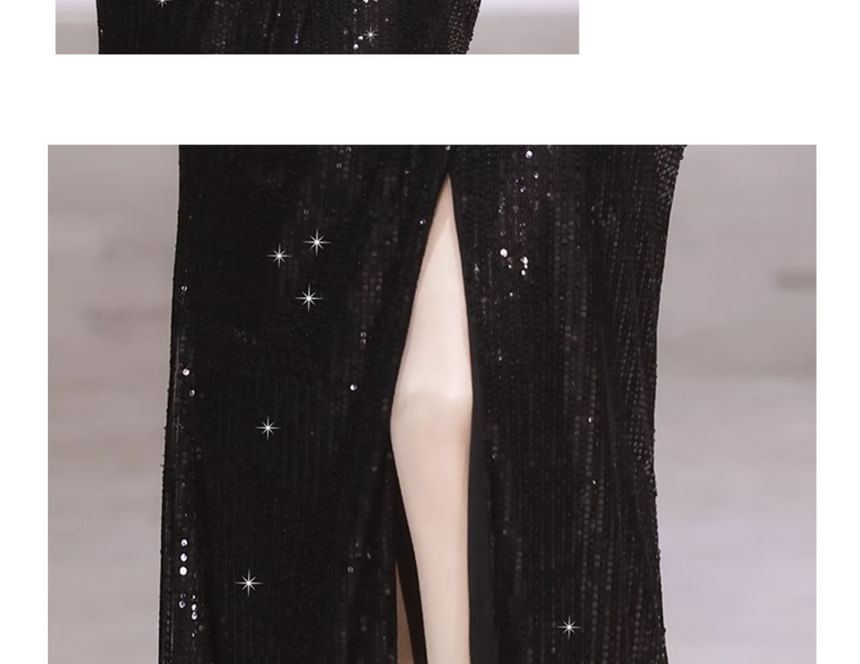 Long-Sleeve V-Neck Sequined Slit Mermaid Evening Gown