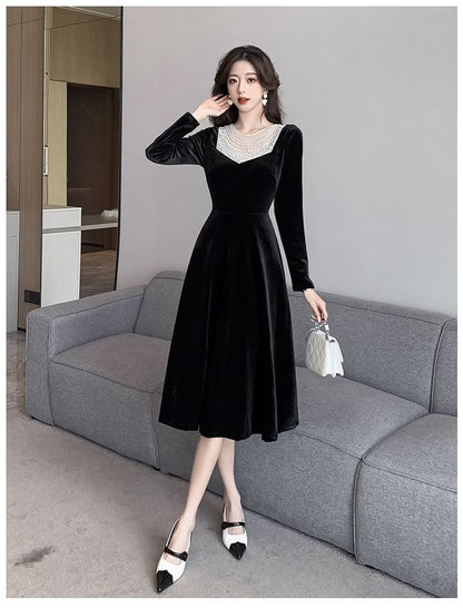 Long-Sleeve Crew Neck Plain Faux Pearl Accent Velvet Midi A-Line Dress