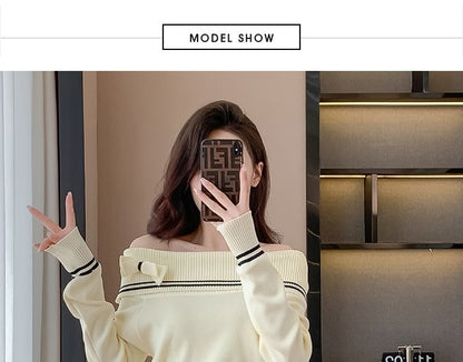 Set: Off Shoulder Striped Sweater + Mid Rise Plain Mini Pleated Skirt