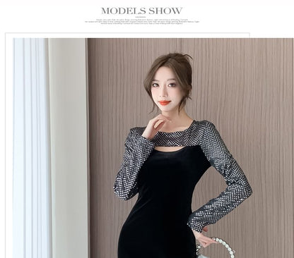 Long-Sleeve Crew Neck Sequined Cutout Bodycon Dress (Various Designs)