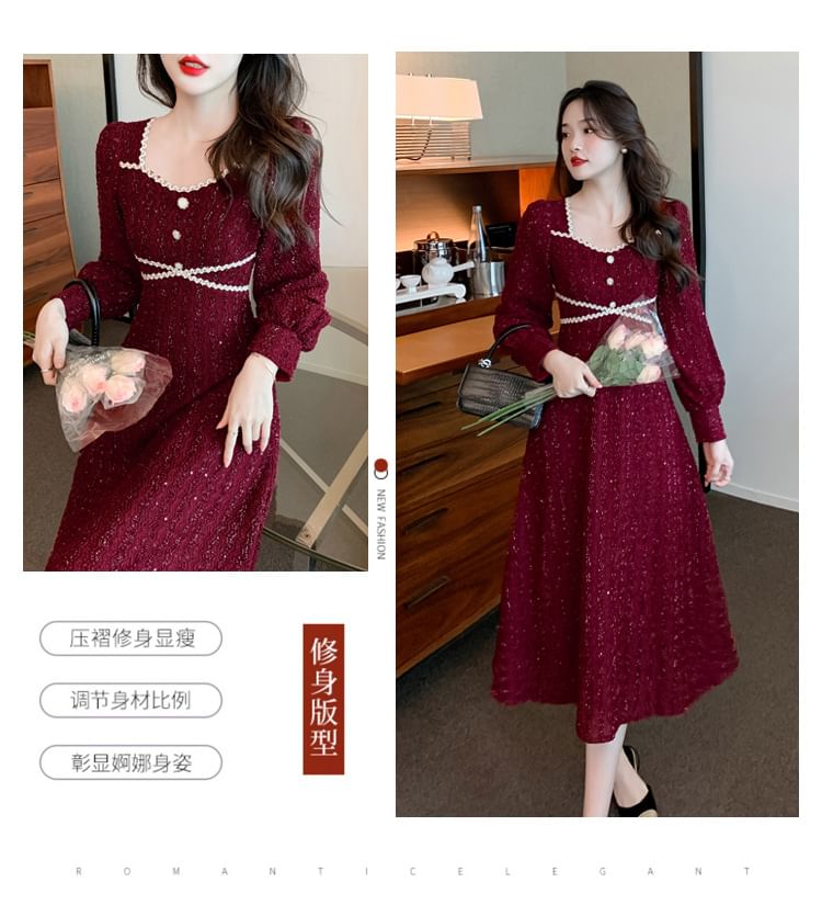 Long-Sleeve Square Neck Glitter Midi A-Line Dress