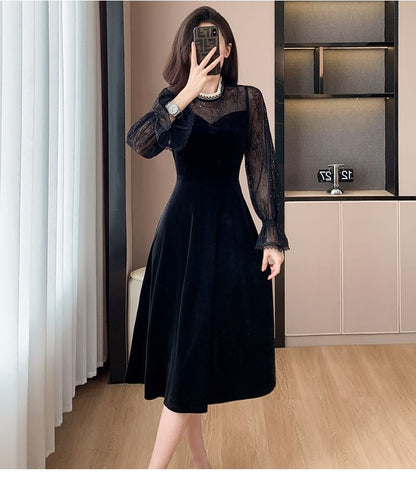 Long-Sleeve Crew Neck Lace Trim Velvet Midi A-Line Dress