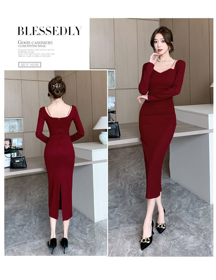 Long-Sleeve Square Neck Plain Midi Bodycon Dress