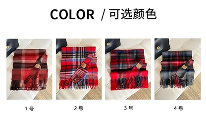 Applique Lettering Wool Scarf Plaid Fringed